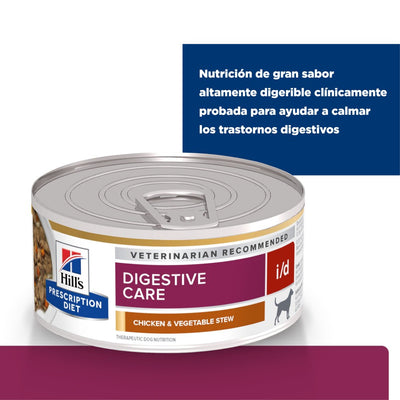 Lata Hill's Prescription Diet i/d, Cuidado Digestivo, para Perro, Estofado de Pollo y Vegetales, 156 g