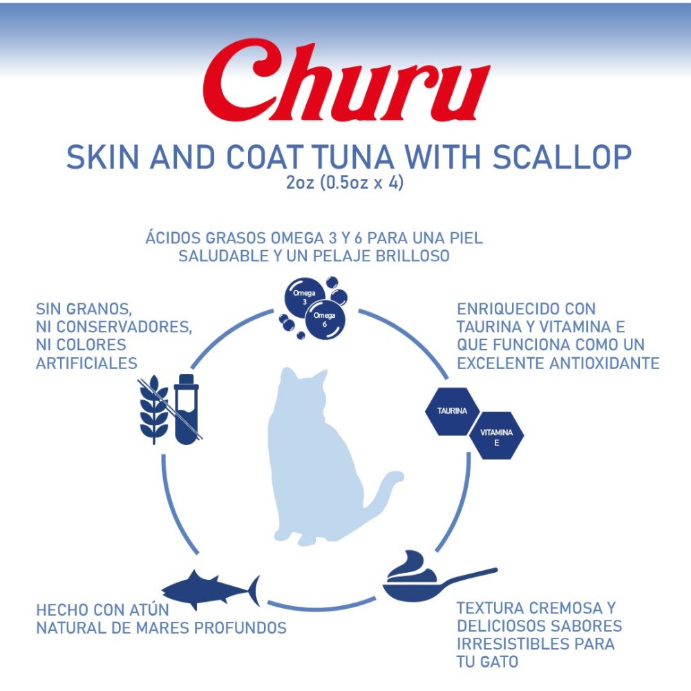 Caja de Premios Churu Gato Piel y Pelo Atún y Viera, Puré Cremoso Bajo en Calorías, con 6 Paquetes