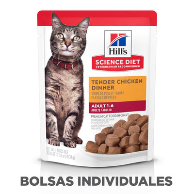 24 Hill's Science Diet Adult, alimento húmedo en pouch para gato adulto, platillo de pollo 79g - AniMALL