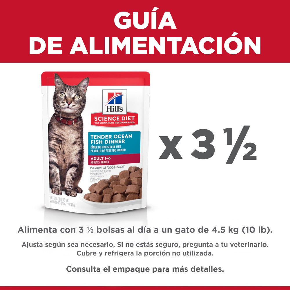 24 Hill's Science Diet Adult, alimento húmedo en pouch para gato adulto, platillo de pescado marino 79g