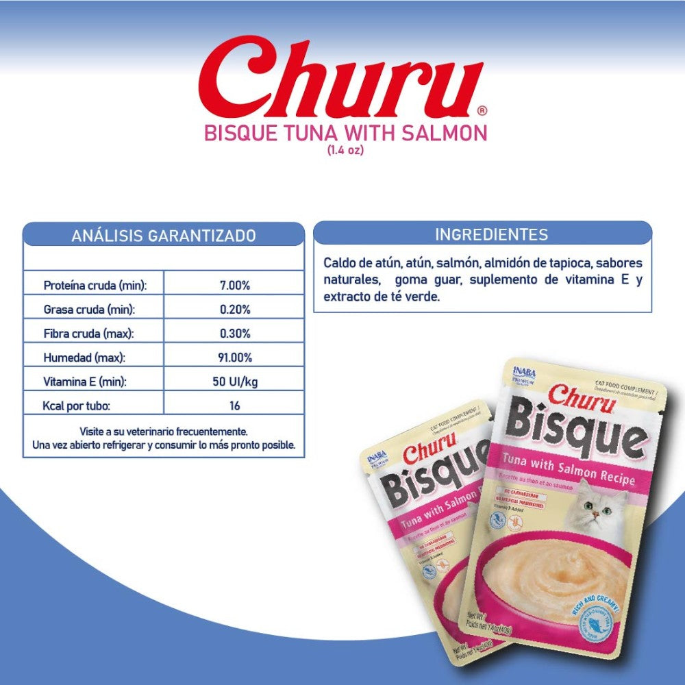 Premio Churu Gato Bisque Atún y Salmón, Puré Cremoso Bajo en Calorías, 1 Sobre