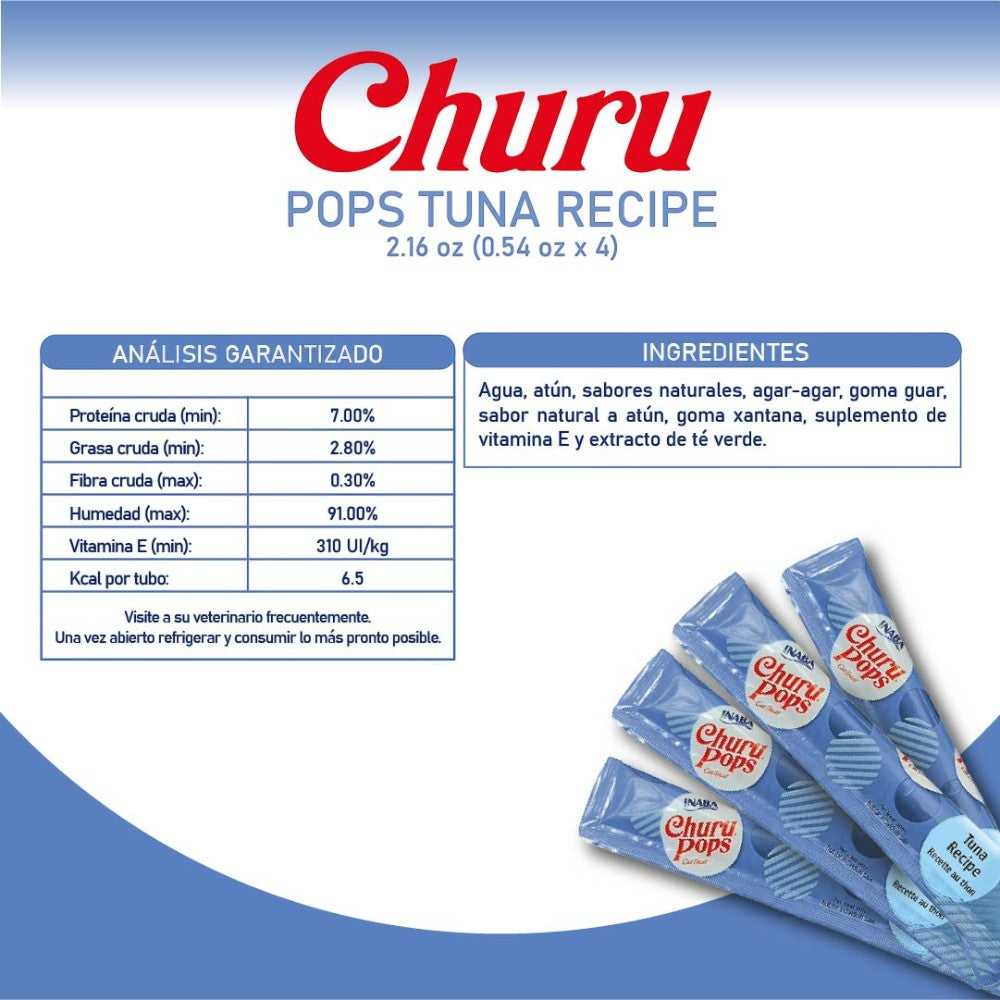 Premio Churu Gato Pops Atún, Puré Cremoso Bajo en Calorías, 4 Tubos