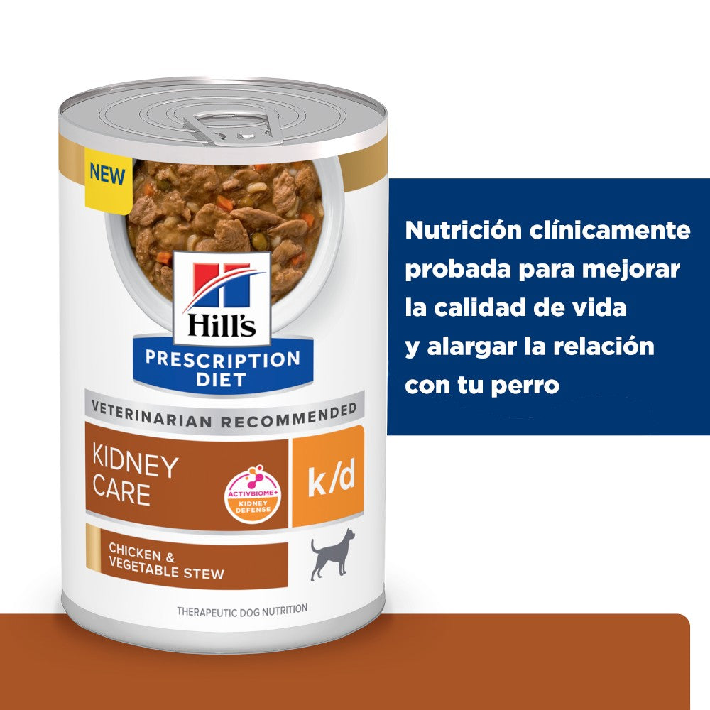 12 Latas Hill's Prescription Diet k/d, Cuidado Renal, para Perro, Estofado de Pollo y Vegetales, 363 g