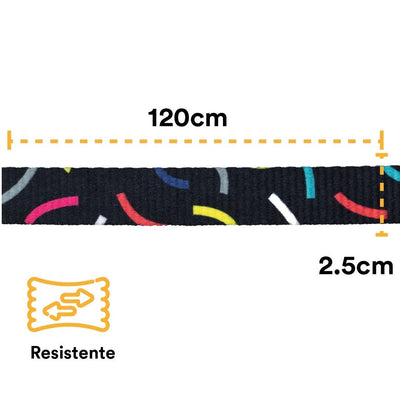 Correa Perro cintilla y costuras reforzadas confetti color negro 120 cm