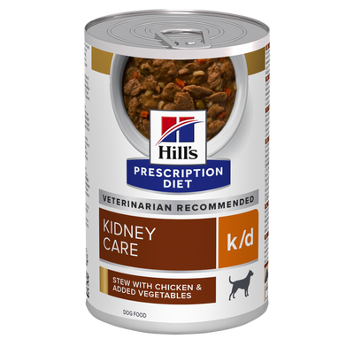 12 Latas Hill's kidney care k/d Canine Estofado (Pollo y Vegetales) 354 Gr.