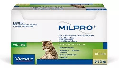 Milpro, Endoparasiticida para Gatos Cachorros y Pequeños 4 Mg./10 Mg. (0.5 - 2 Kg.) 4 Tabletas, Virbac