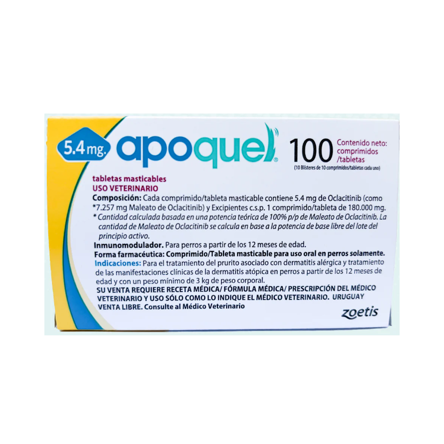 Apoquel masticable 100 tabletas 5.4 mg para perros con dermatitis atópica y prurito alérgico, oclacitinib Zoetis