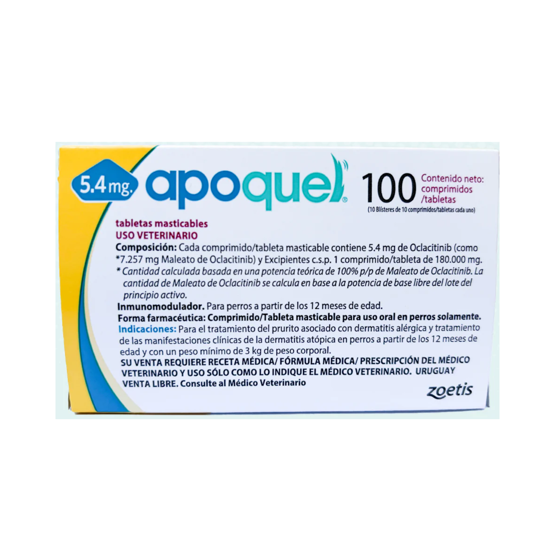 Apoquel masticable 100 tabletas 5.4 mg para perros con dermatitis atópica y prurito alérgico, oclacitinib Zoetis