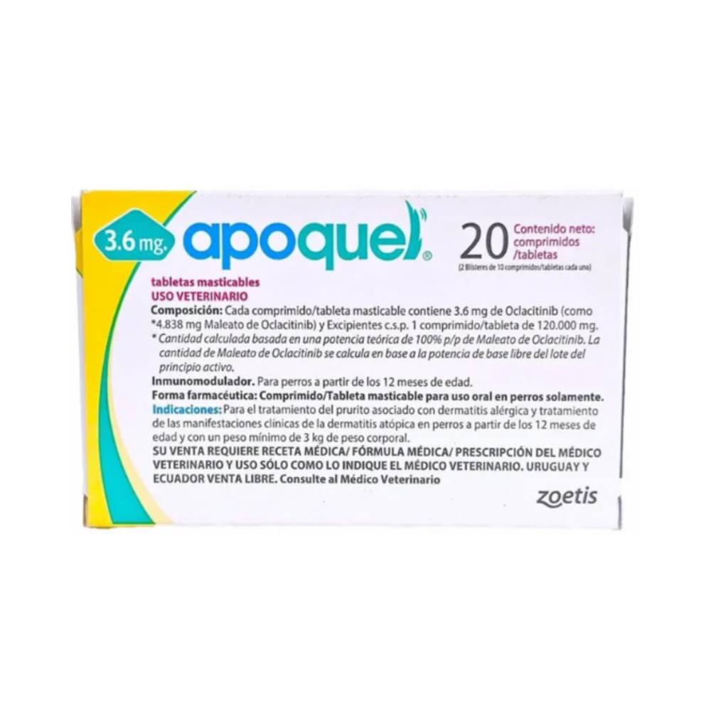 Apoquel Masticable 3.6 mg 20 Tabletas | Dermatitis Atópica para Perros 4-10 kg | Zoetis