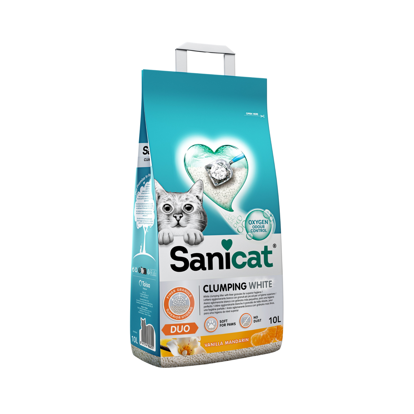Arena para Gato Sanicat Clumping White Duo Vainilla Mandarina 10 Litros