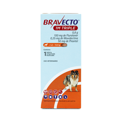 Bravecto 1M Triple 100 mg para Perros de 5-10 Kg 1 Tableta Masticable