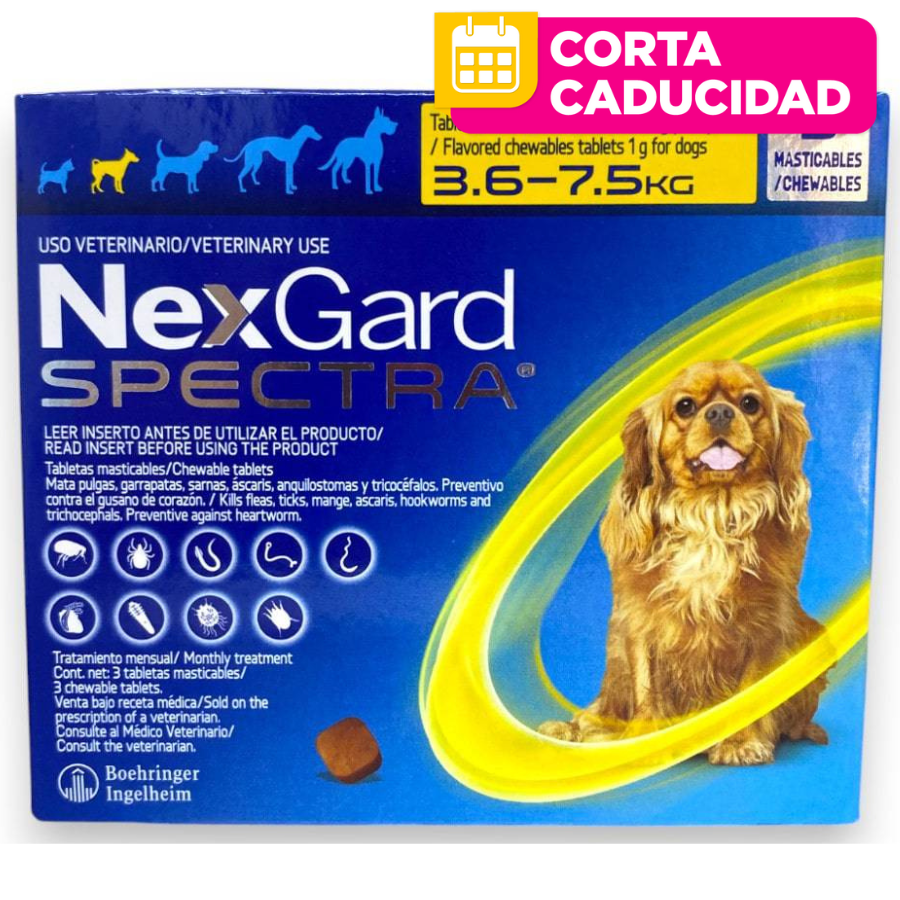 CORTA CADUCIDAD 31/05/2026 Nexgard Spectra 3 Tabletas 3.6 a 7.5 kg