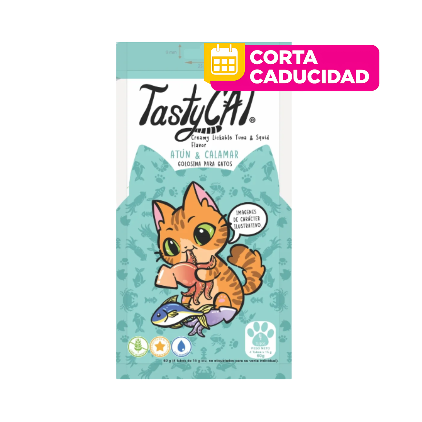 CORTA CADUCIDAD 23/07/2026 Premios para Gato Tasty Cat Atun y Calamar Bolsa con 4 Tubos de 15 g c/u