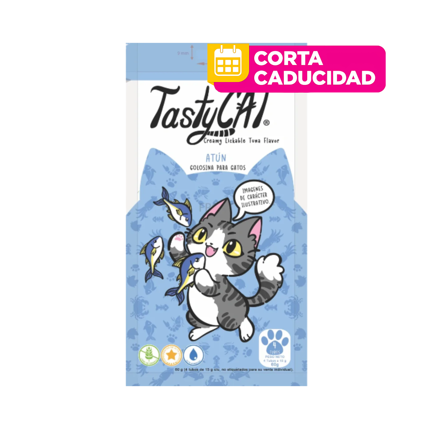 CORTA CADUCIDAD 23/07/2026 Premios para Gato Tasty Cat Atun Bolsa con 4 Tubos de 15 g c/u