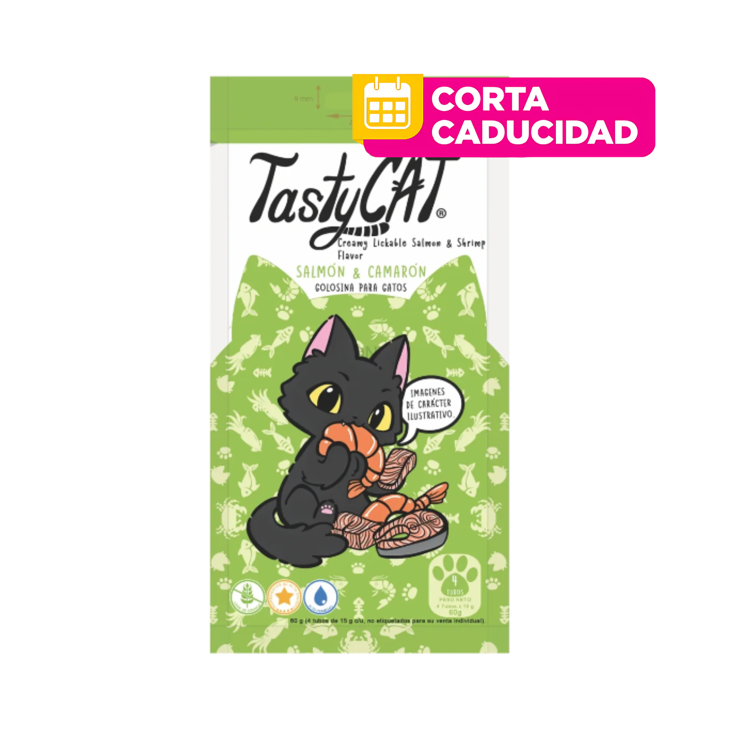 CORTA CADUCIDAD 25/07/2026 Premios para Gato Tasty Cat Salmon y Camaron Bolsa con 4 Tubos de 15 g c/u