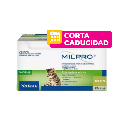 CORTA CADUCIDAD Milpro, Endoparasiticida para Gatos Cachorros y Pequeños 4 Mg./10 Mg. (0.5 - 2 Kg.) 4 Tabletas