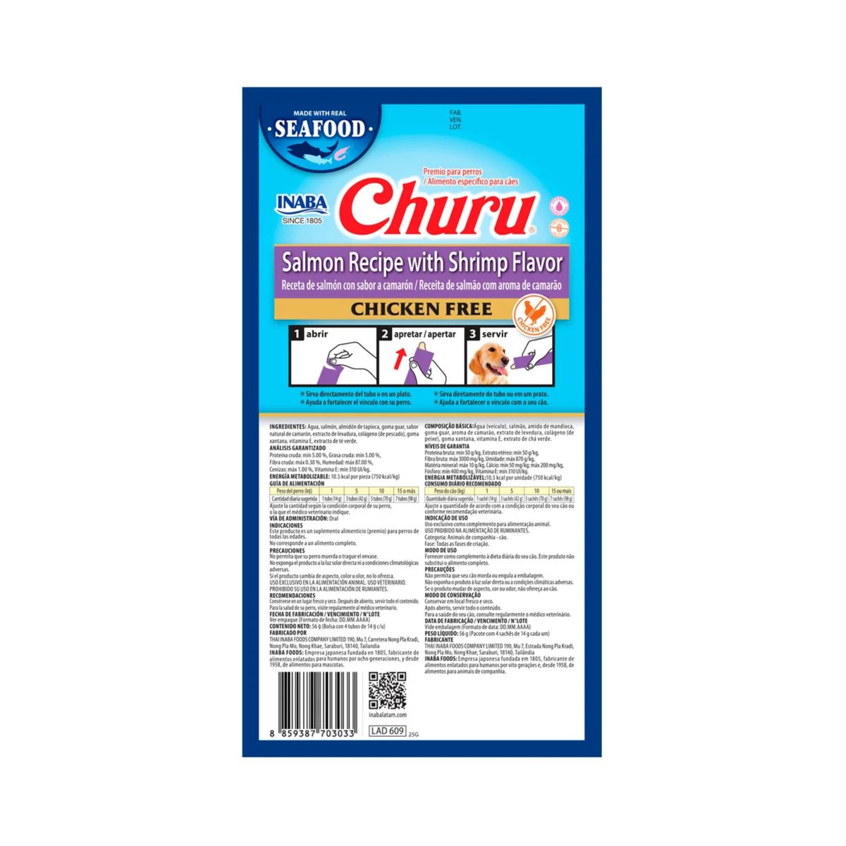 Churu Premio para Perro Sabor Salmón con Camarones Bolsa de 4 Tubos 14 g