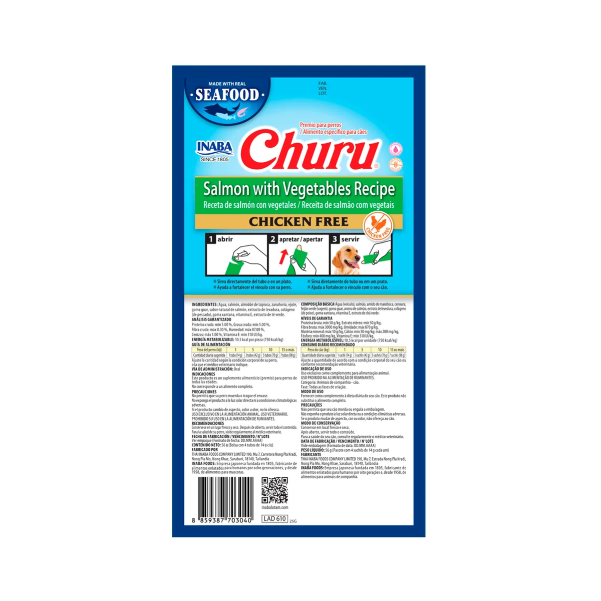 Churu Premio para Perro Sabor Salmón con Vegetales Bolsa de 4 Tubos 14 g