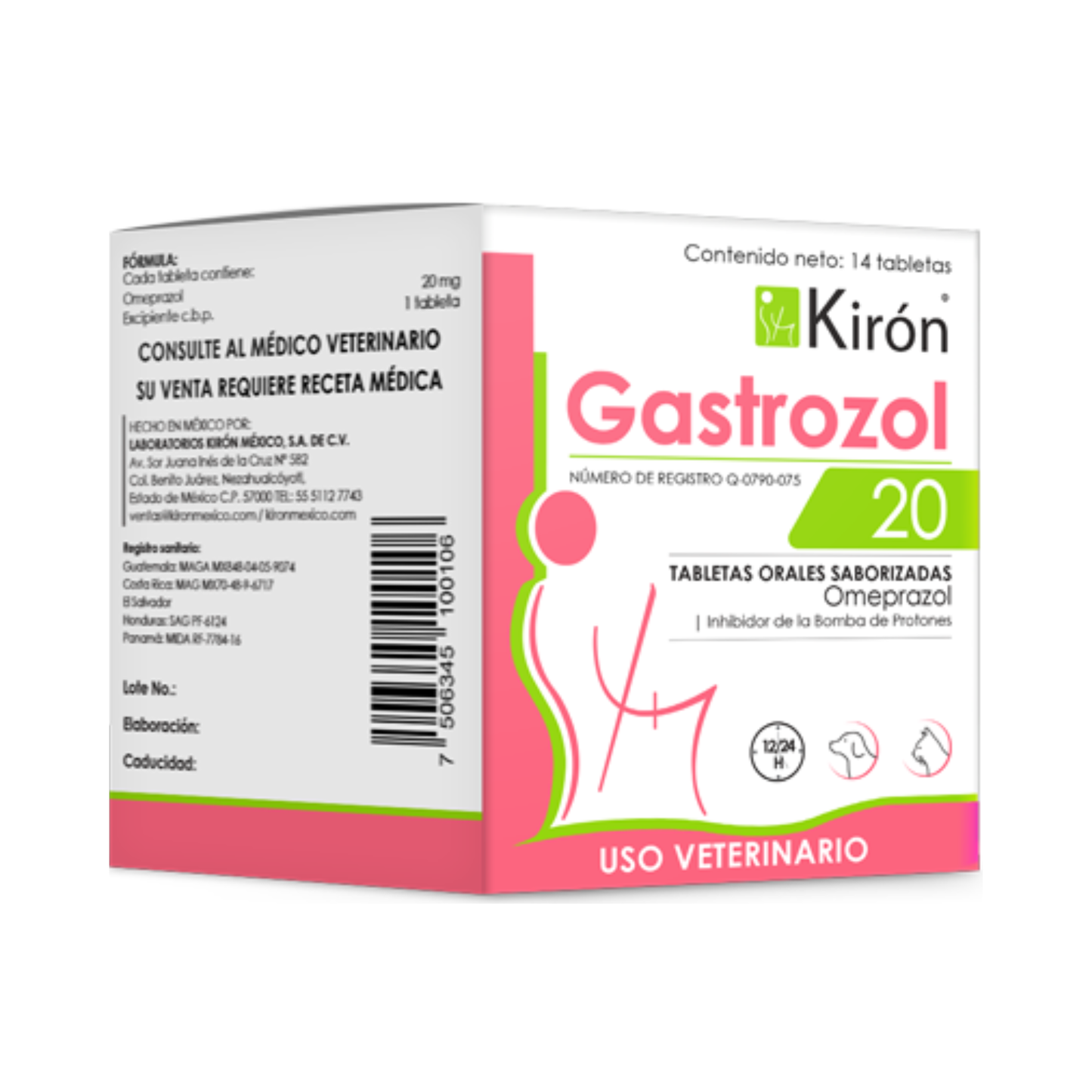 Caja de Gastrozol 20 Omeprazol Kirón, frasco con 14 tabletas saborizadas, venta sujeta a receta médica veterinaria