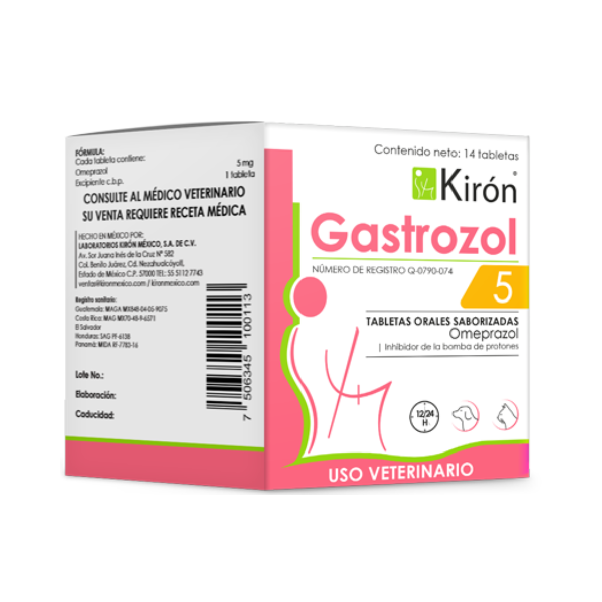 Caja de Gastrozol 5 Omeprazol Kirón, frasco con 14 tabletas saborizadas, venta sujeta a receta médica veterinaria