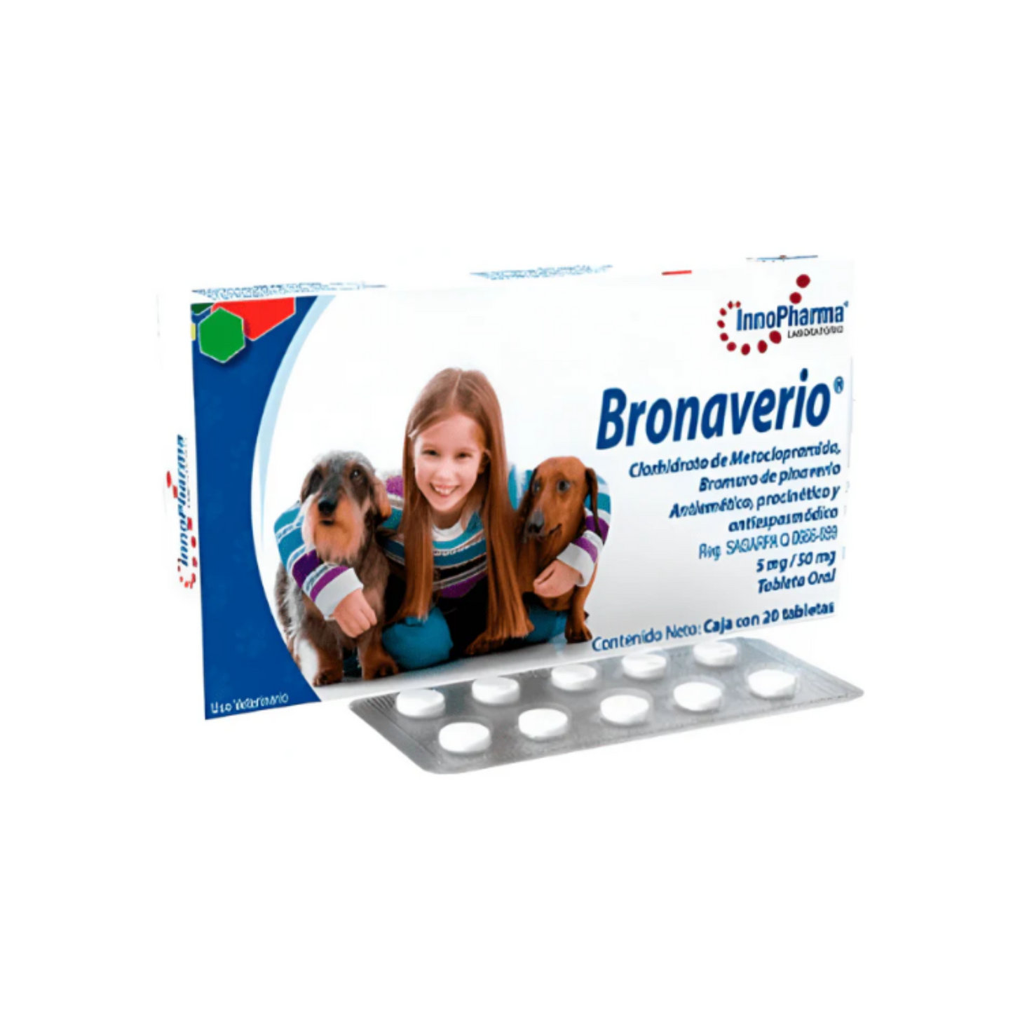Innopharma Bronaverio 5Mg/50Mg Antiemético, Procinético y Antiespasmódico para Perro y Gato - 20 Tabs