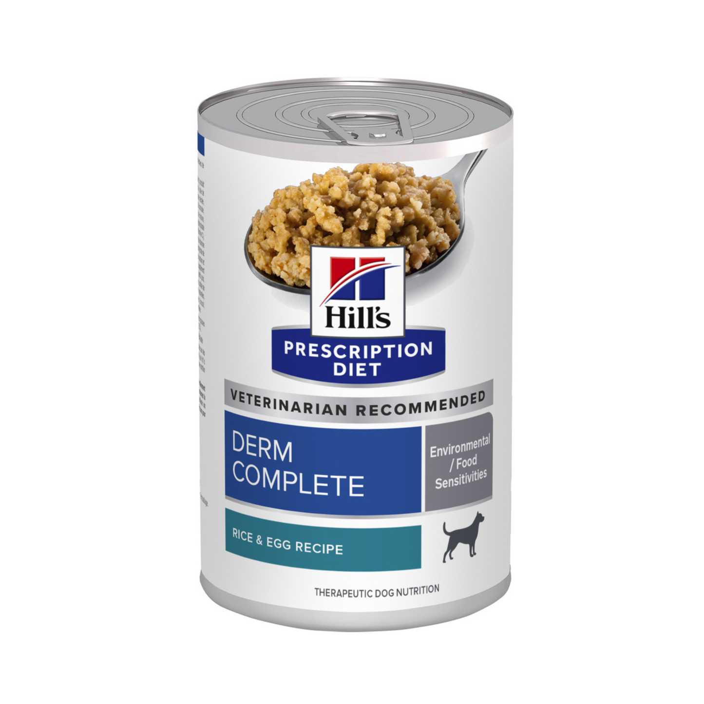 12 Latas Hill's Prescription Diet Alimento Húmedo para perro, Derm Complete Rice and Egg Recipe Canned Dog Food, 370g
