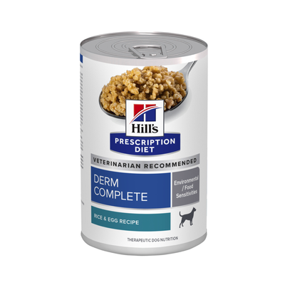 12 Latas Hill's Prescription Diet Alimento Húmedo para perro, Derm Complete Rice and Egg Recipe Canned Dog Food, 370g