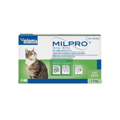 Milpro Vet, Endoparasiticida para Gatos 16 Mg./40 Mg. (≥ 2 Kg.) 4 Tabletas
