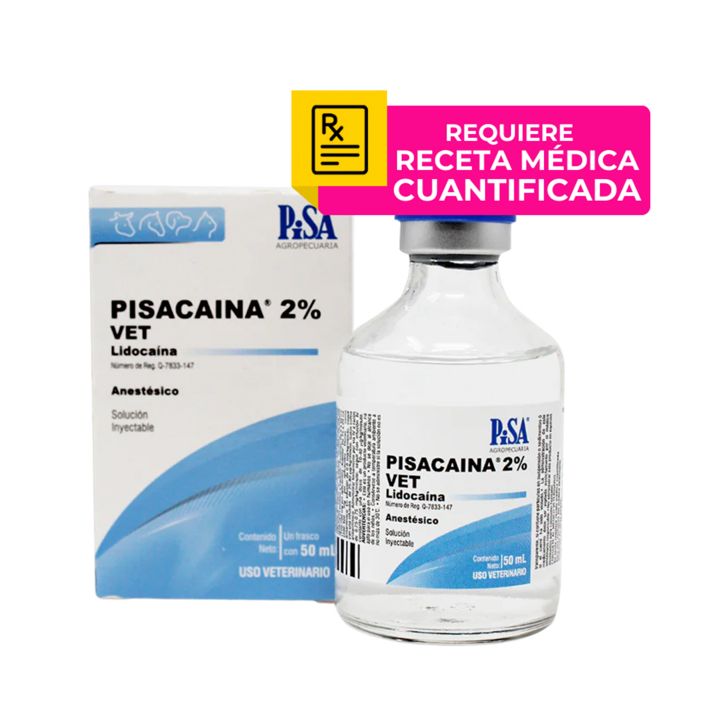 Pisacaina 2% Vet  Lidocaína Inyectable 50 ml para Uso Veterinario Pisa
