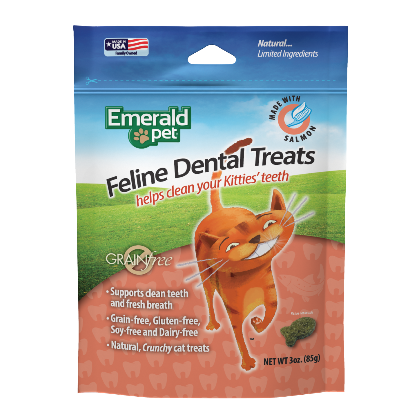 Emerald Pet Premios para Gatos Dental Treats, Sabor Salmón, Dientes Limpios y Aliento Fresco 85gr