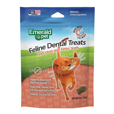 Emerald Pet Premios para Gatos Dental Treats, Sabor Salmón, Dientes Limpios y Aliento Fresco 85gr