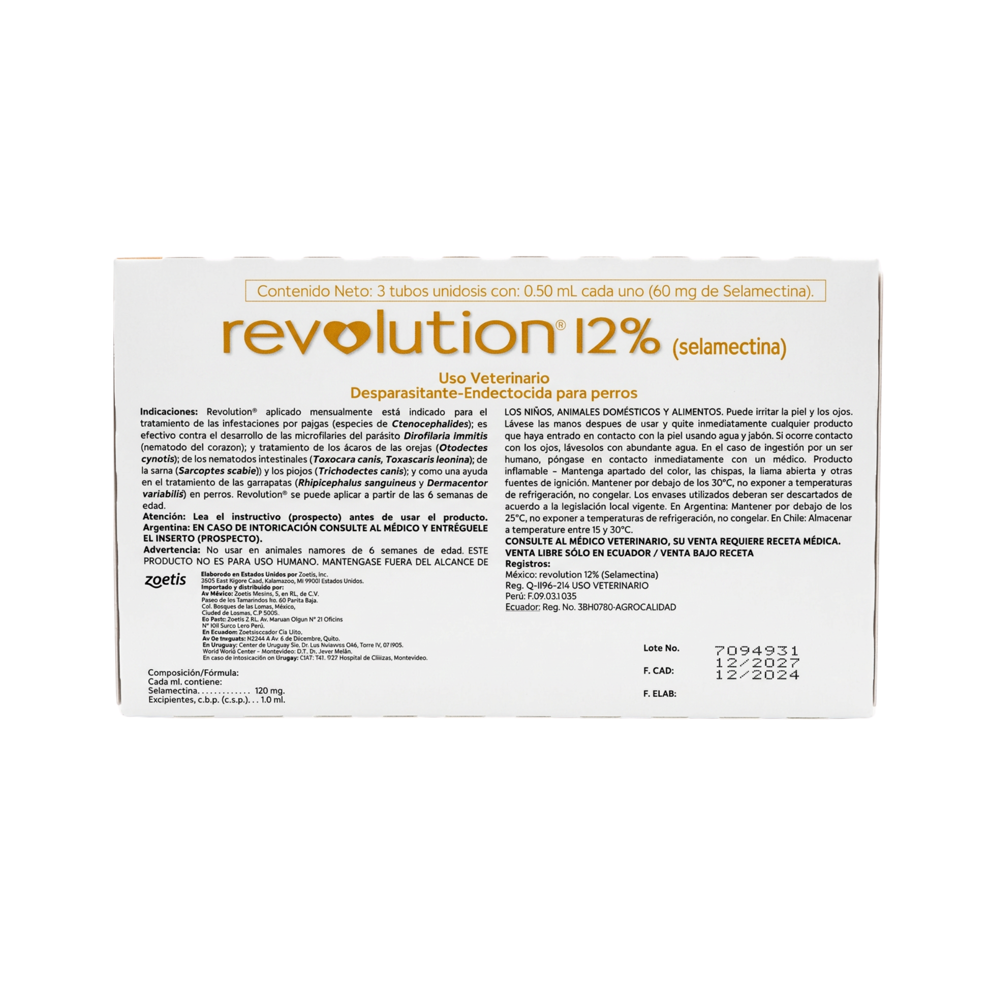 Revolution® Selamectina 3 pipetas para perros de 5-10 kg - Vista posterior con instrucciones