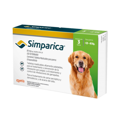 Simparica desparasitante con 3 Masticables 80 Mg 20 a 40 Kg