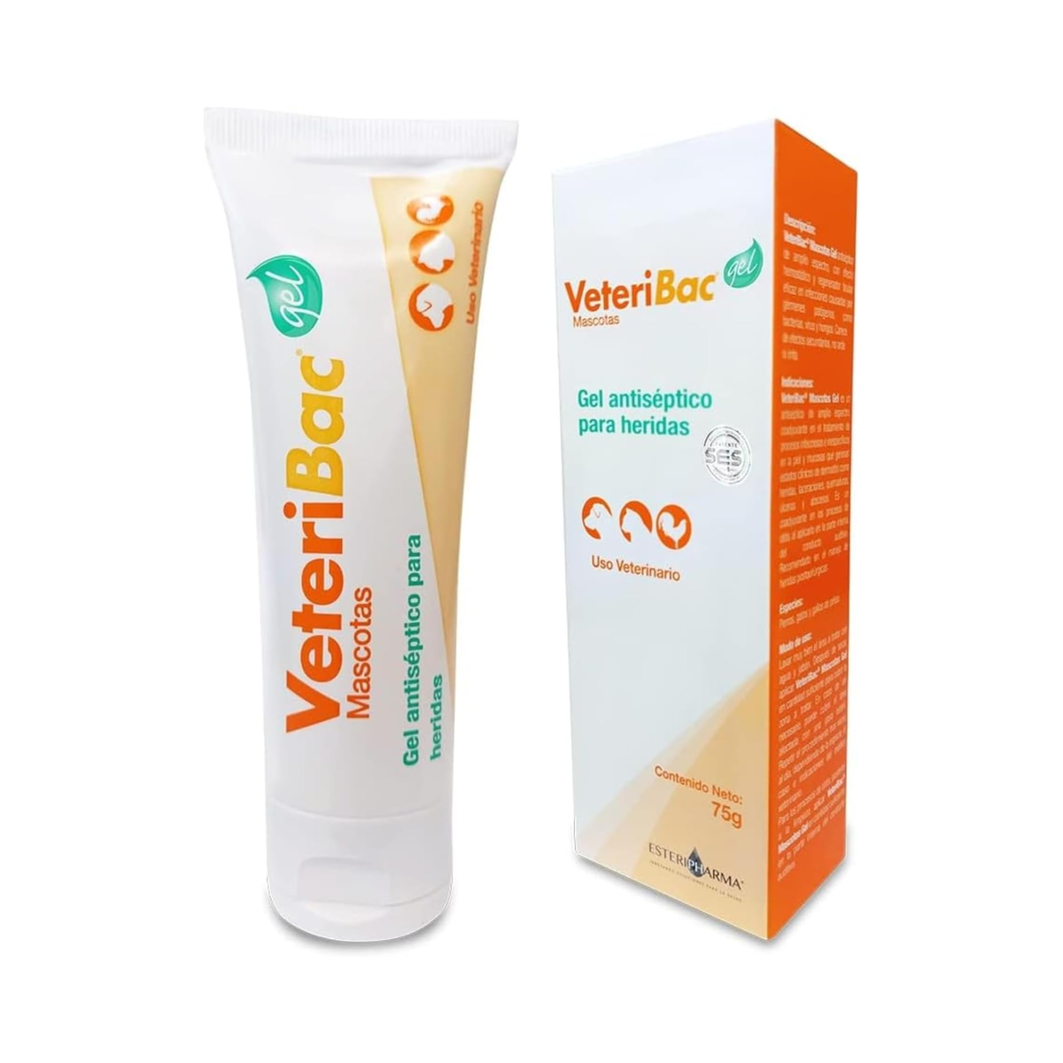 Tubo y caja de Veteribac Gel Antiséptico para Heridas 75 g, gel de uso veterinario tópico