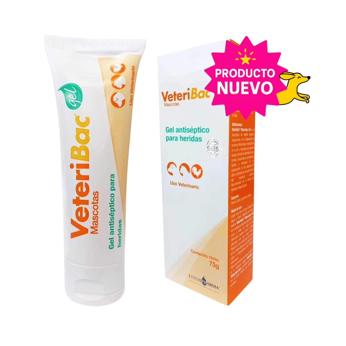 Tubo y caja de Veteribac Gel Antiséptico para Heridas 75 g para mascotas, con sello de Producto Nuevo