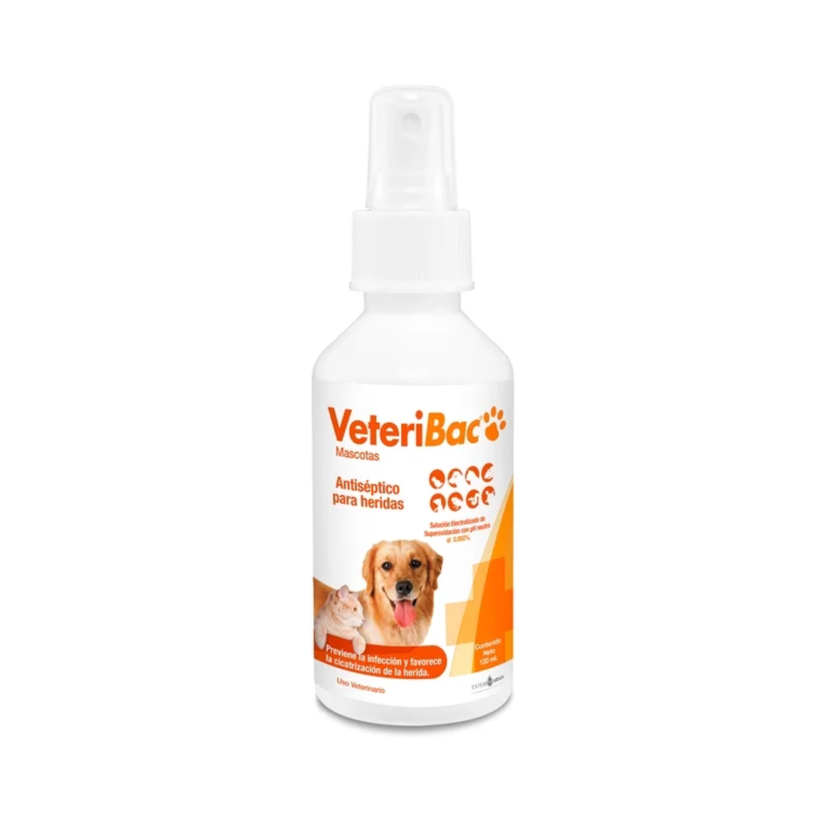 Botella spray Veteribac Solución Antiséptica para Heridas 120 ml, antiséptico de uso veterinario para mascotas