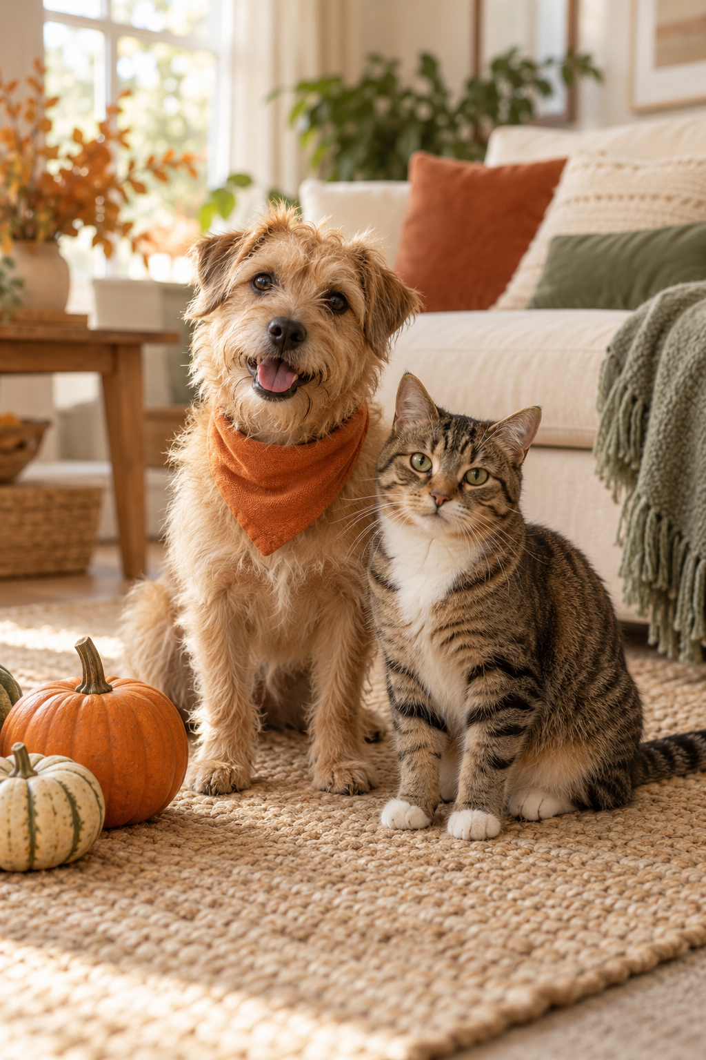 Perro y gato junto a calabazas decorativas