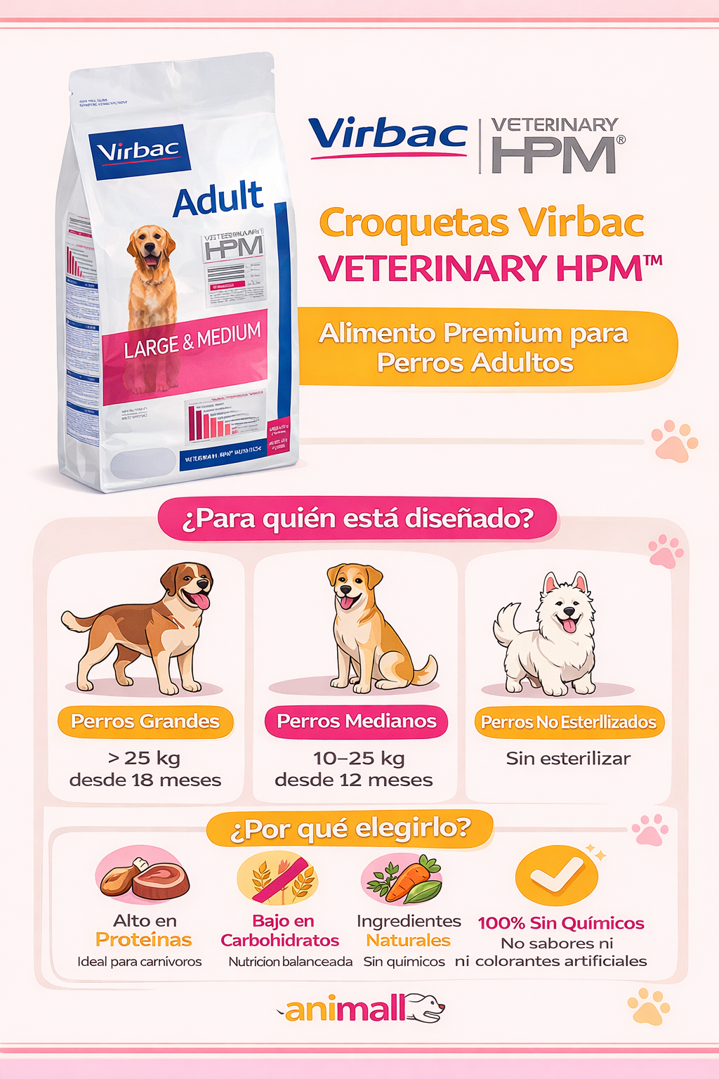 Croquetas Virbac Veterinary HPM 16 kg para perros adultos large y medium
