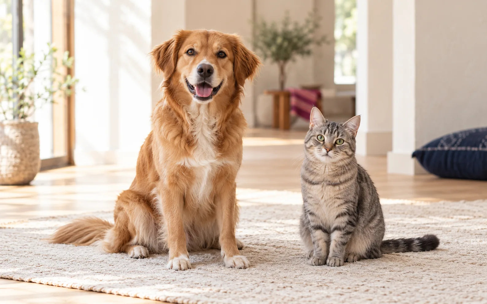Perro dorado y gato atigrado descansando juntos en un hogar luminoso